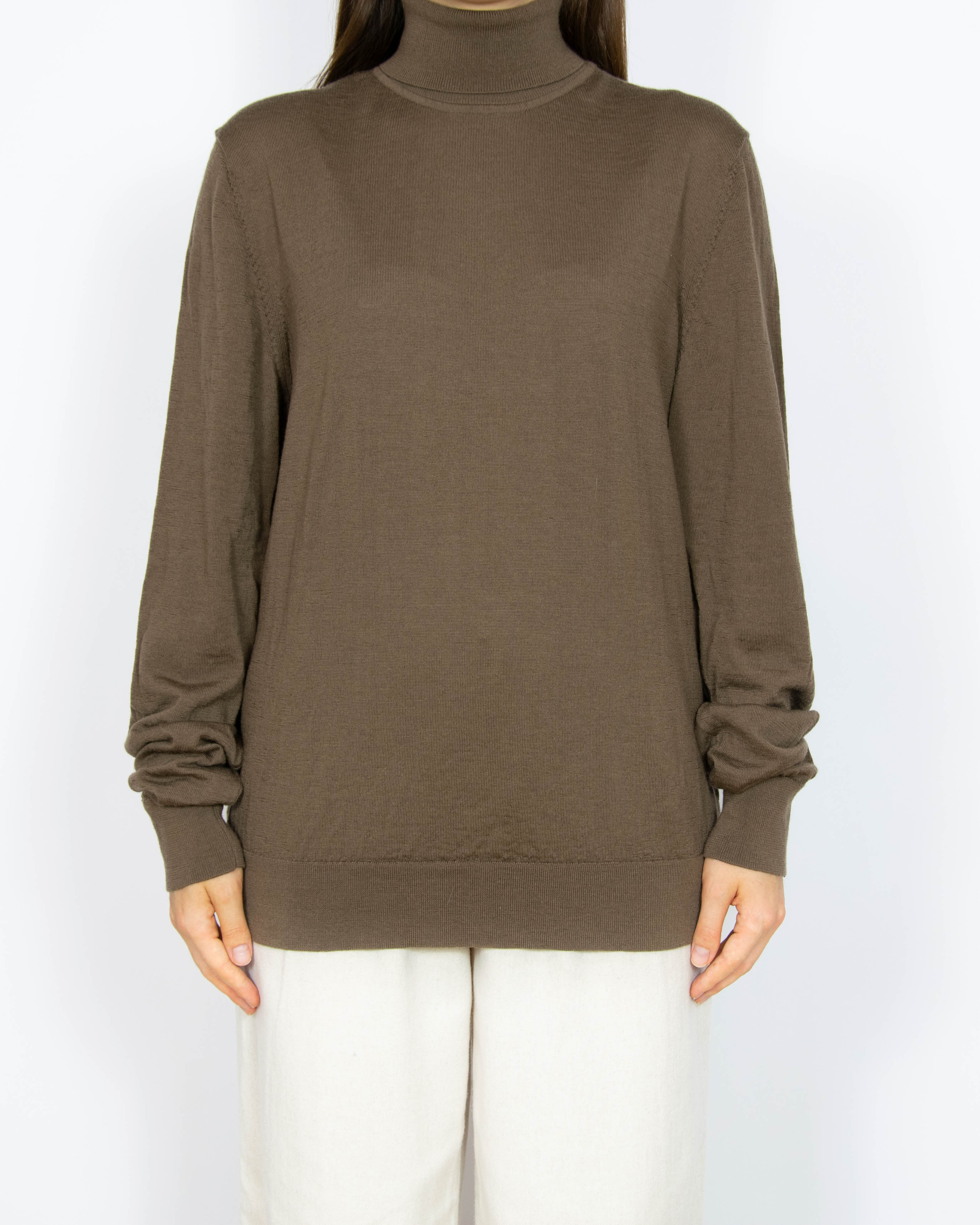 Brązowy wełniany (merino) sweter z golfem Samsoe Samsoe- XL