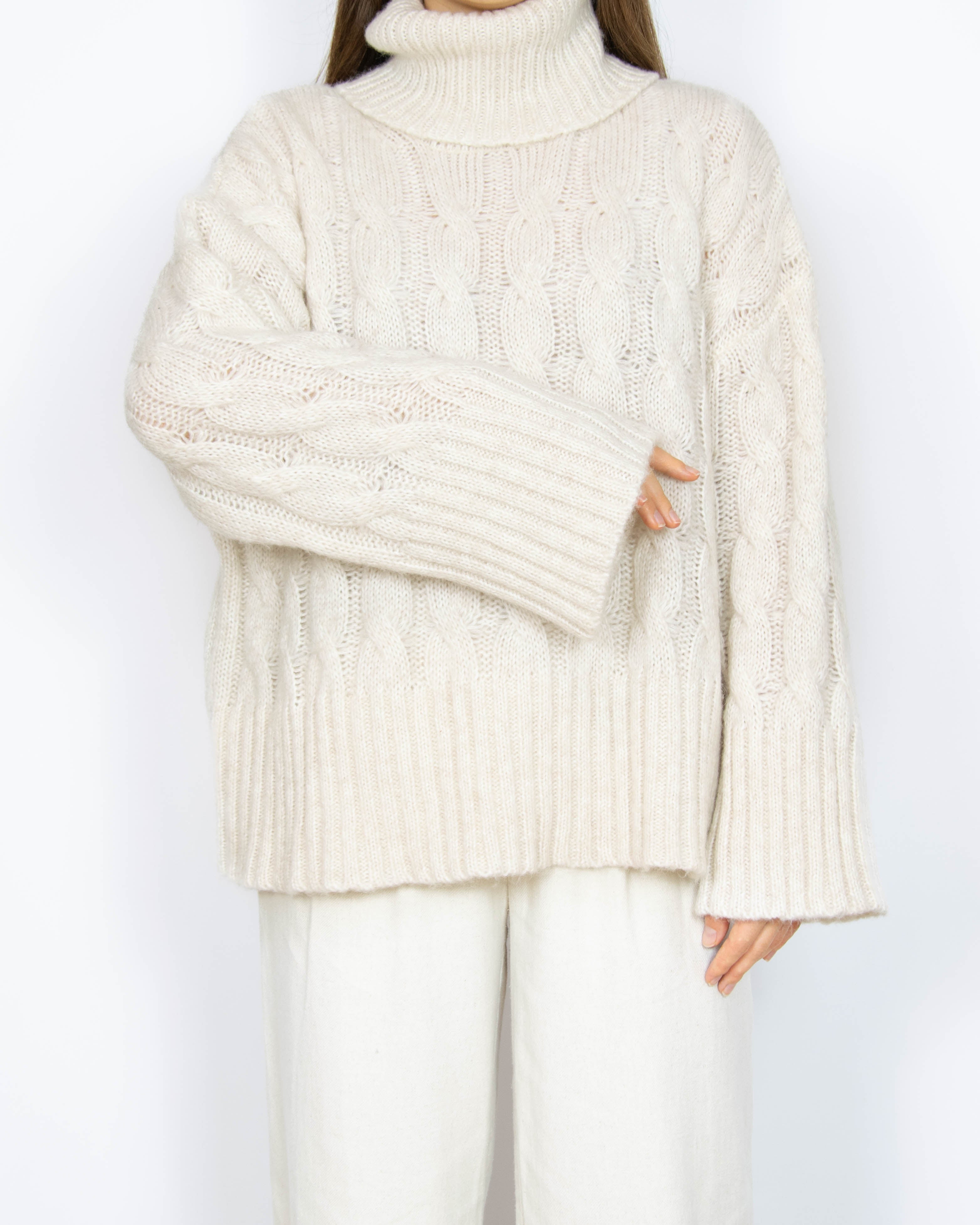 Kremowy wełniano (merino) bawełniany (egipska) sweter oversize z golfem Lovechild 1979 - M