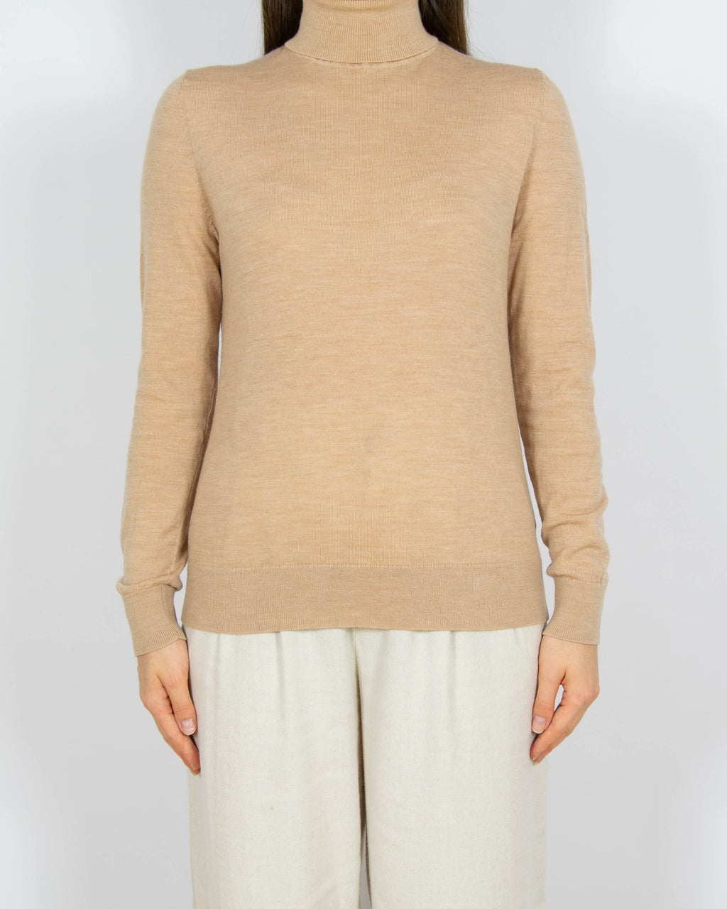 Beżowy wełniany (merino) sweter z golfem H&M
