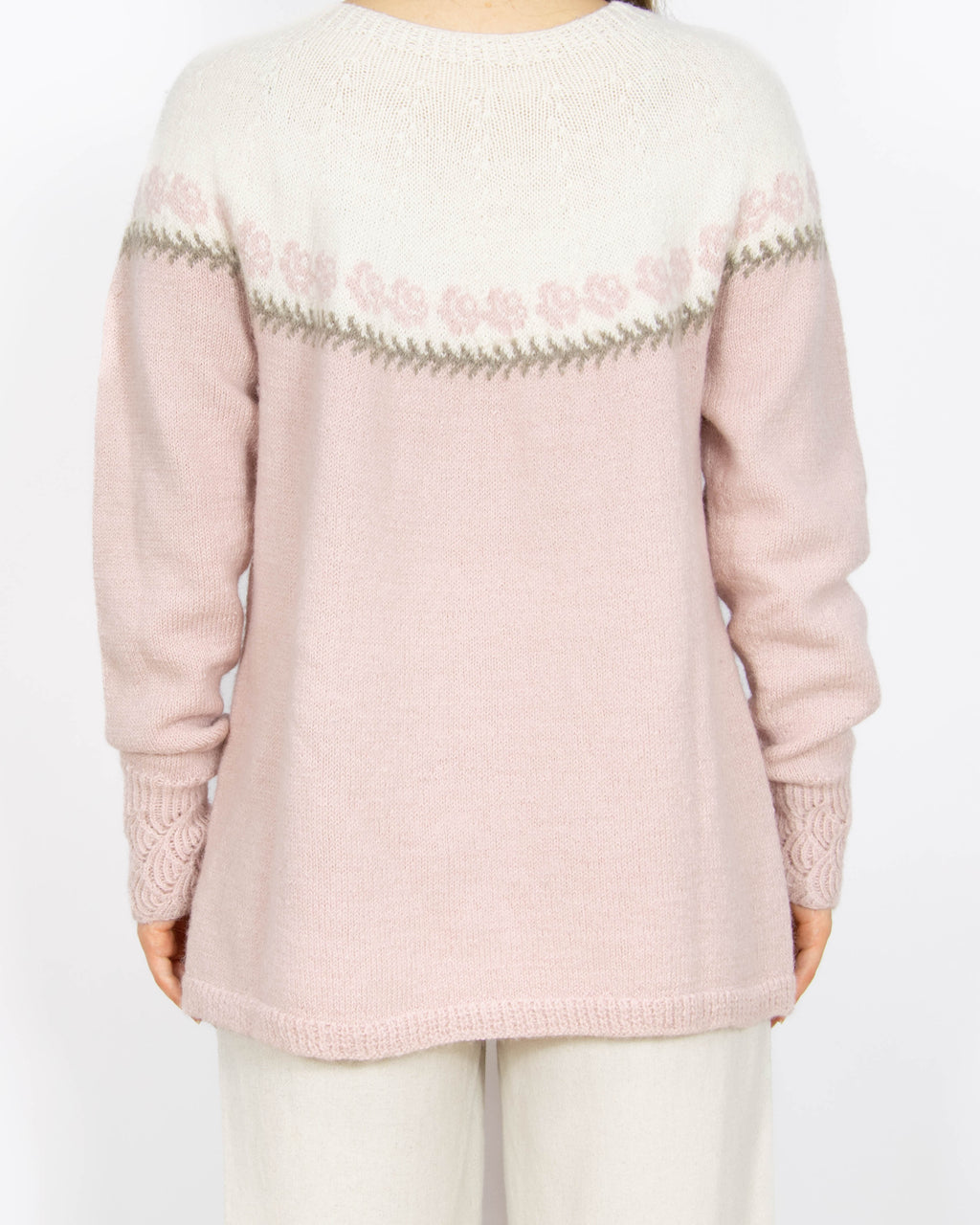 Kremowo różowy wełniany (alpaka) sweter handmade - S/M