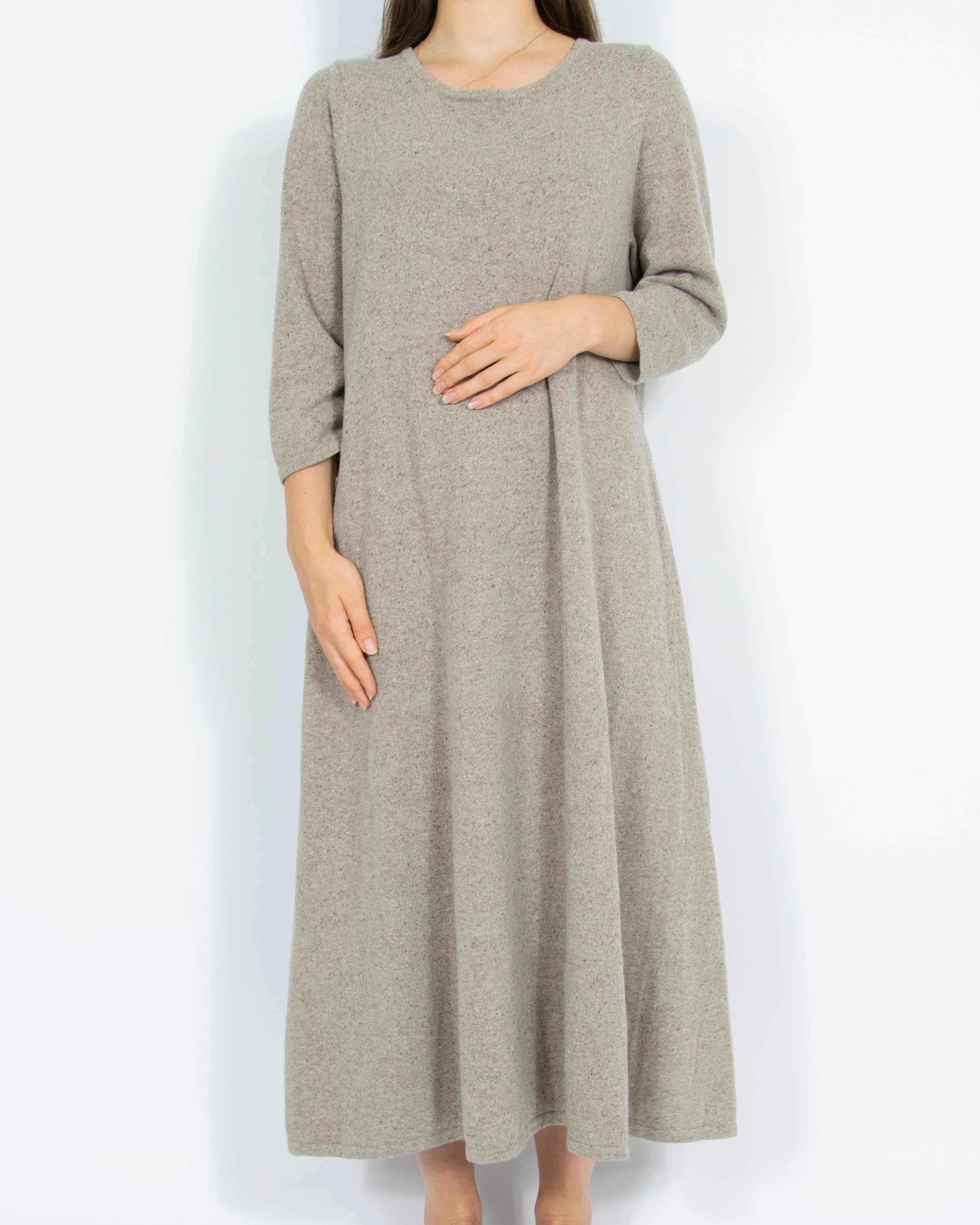 Szarobeżowa wełniano (merino) bawełniana sukienka z jedwabiem Lands End - L/XL