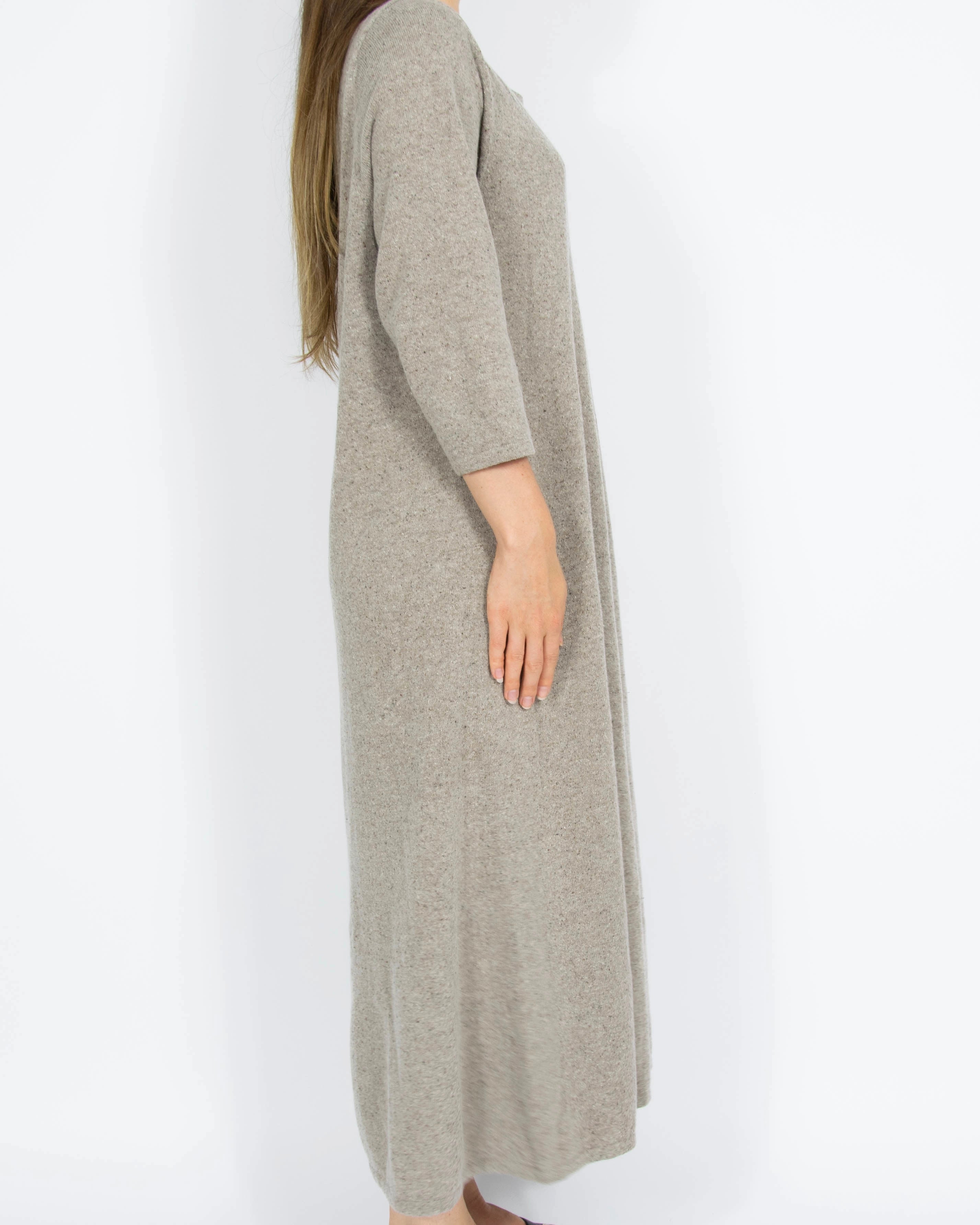 Szarobeżowa wełniano (merino) bawełniana sukienka z jedwabiem Lands End - L/XL