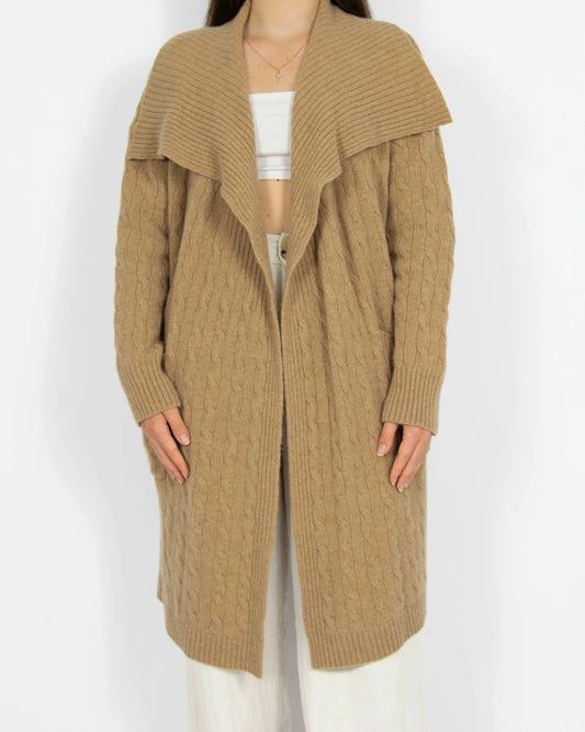 Beżowy wełniany długi kardigan cable knit z kaszmirem Ralph Lauren - M