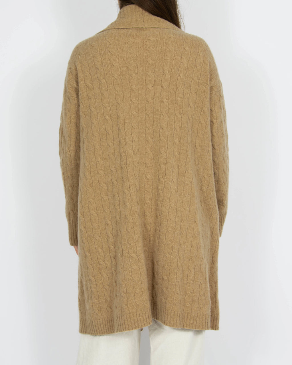 Beżowy wełniany długi kardigan cable knit z kaszmirem Ralph Lauren - M