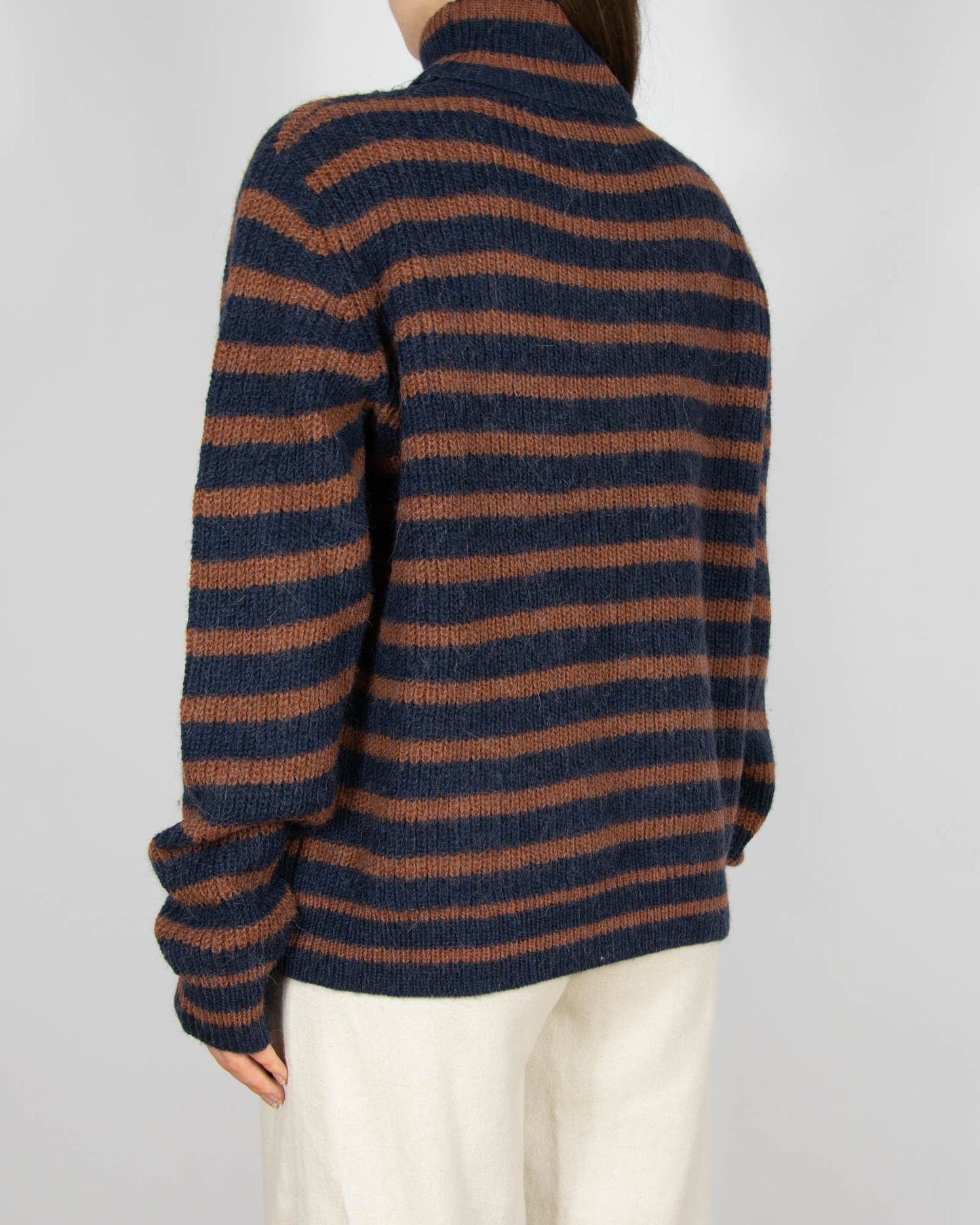 Brązowo granatowy (wełna + alpaka) sweter w paski Second Female - XL