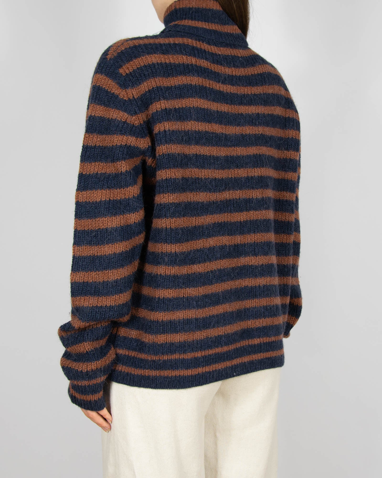 Brązowo granatowy (wełna + alpaka) sweter w paski Second Female - XL