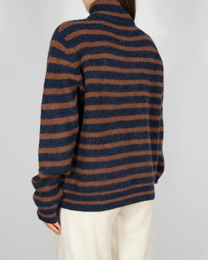 Brązowo granatowy (wełna + alpaka) sweter w paski Second Female - XL