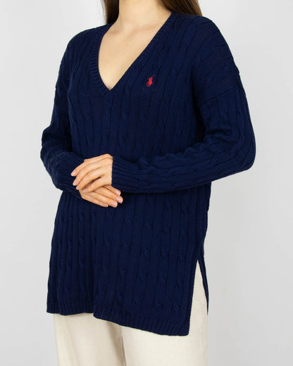 Granatowy bawełniany (pima) sweter warkoczowy Ralph Lauren - M