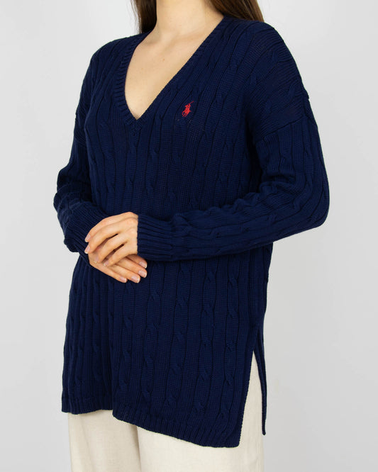 Granatowy bawełniany (pima) sweter warkoczowy Ralph Lauren