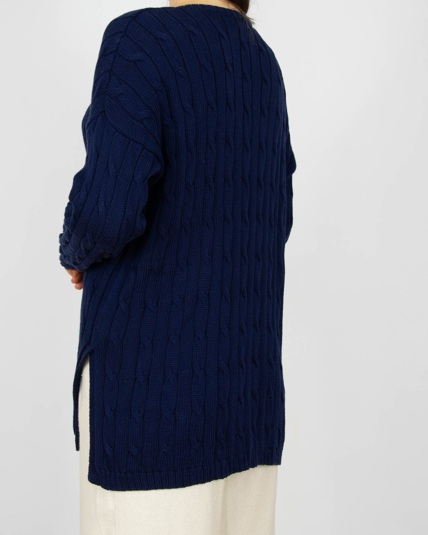 Granatowy bawełniany (pima) sweter warkoczowy Ralph Lauren - M