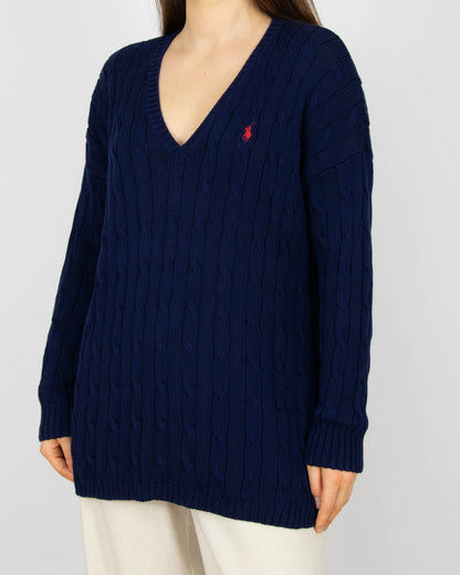 Granatowy bawełniany (pima) sweter warkoczowy Ralph Lauren - M