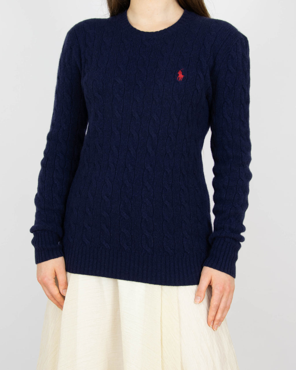 Granatowy (wełna + kaszmir) sweter warkoczowy Ralph Lauren 