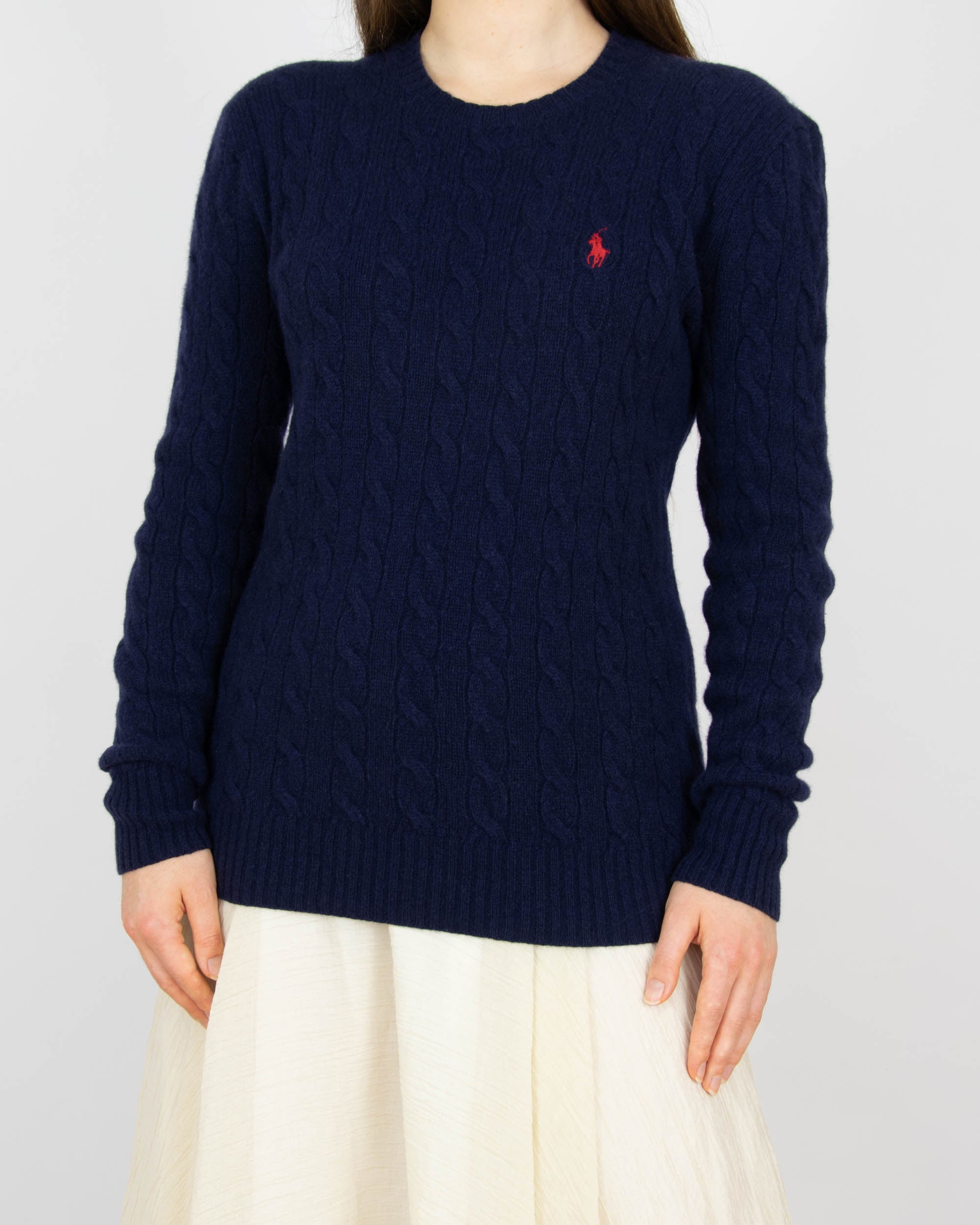 Granatowy (wełna + kaszmir) sweter warkoczowy Ralph Lauren 