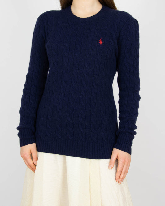 Granatowy (wełna + kaszmir) sweter warkoczowy Ralph Lauren 