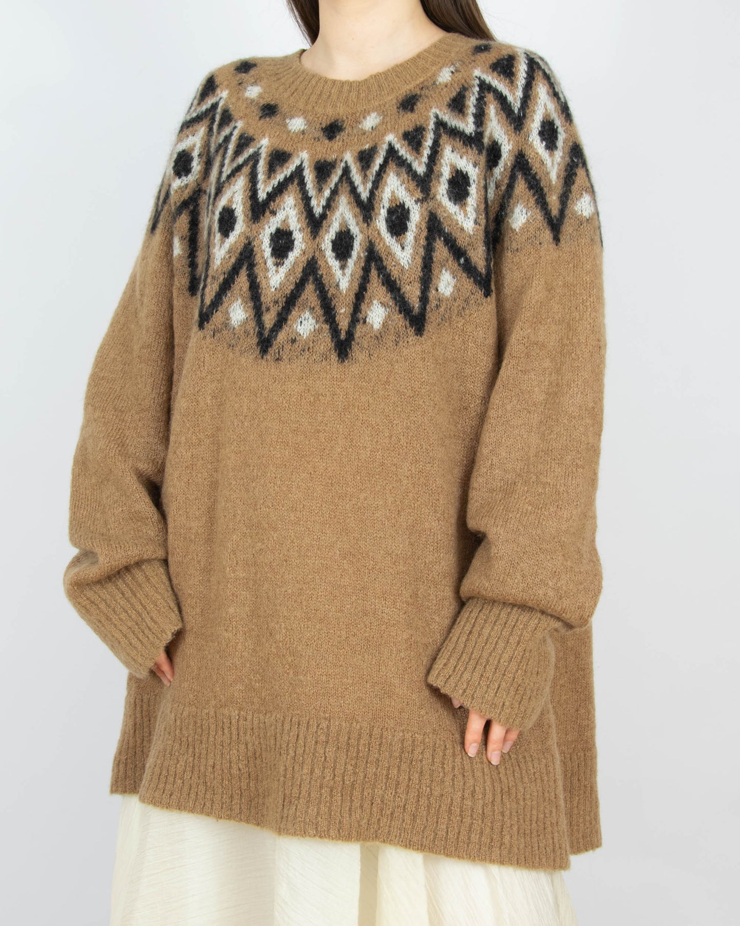 Karmelowy (moher + wełna) sweter w norweski wzór H&M Premium - L