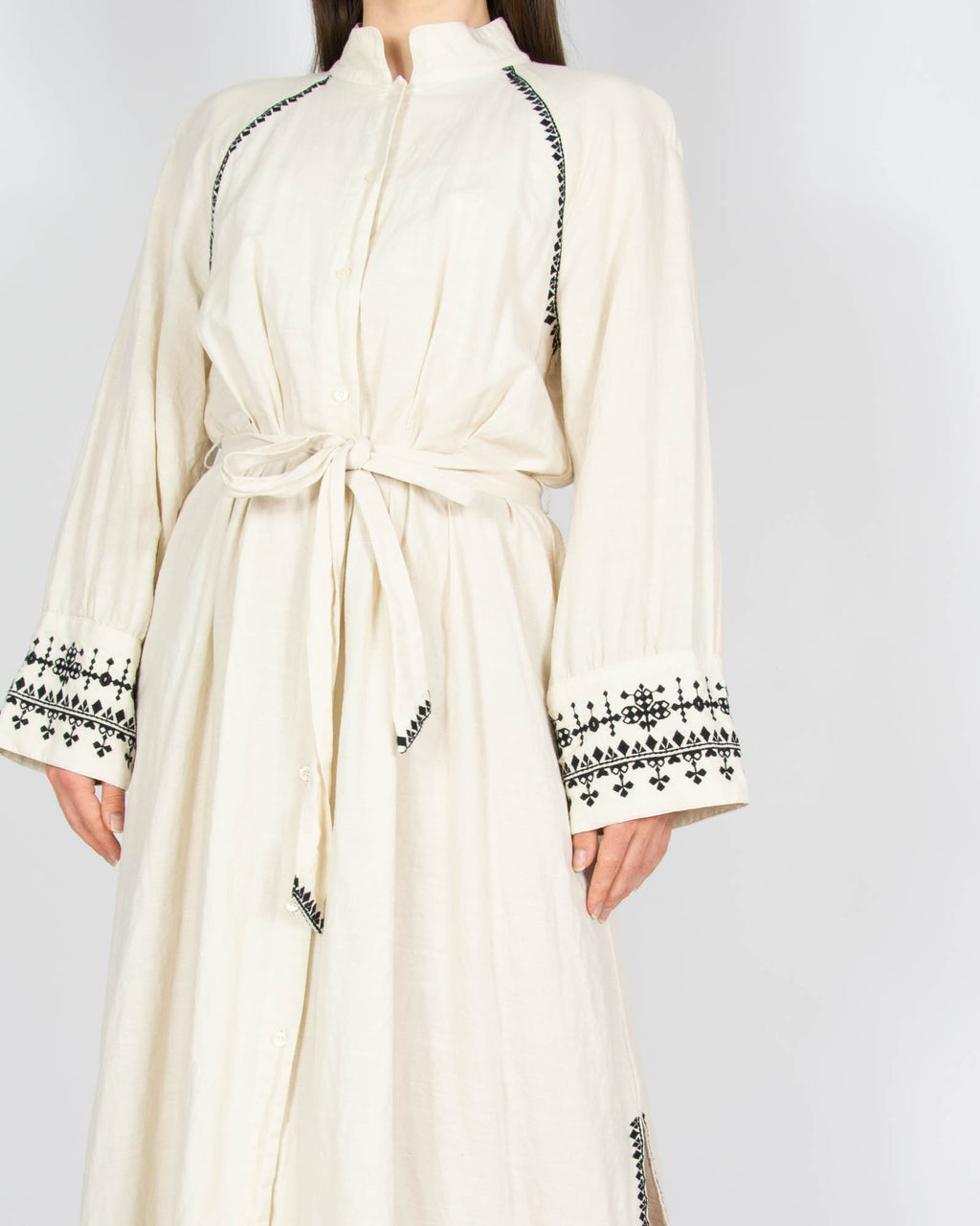 Kremowa (bawełna + len + wiskoza) haftowana sukienka H&M - S/M
