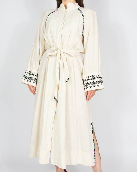 Kremowa (bawełna + len + wiskoza) haftowana sukienka H&M