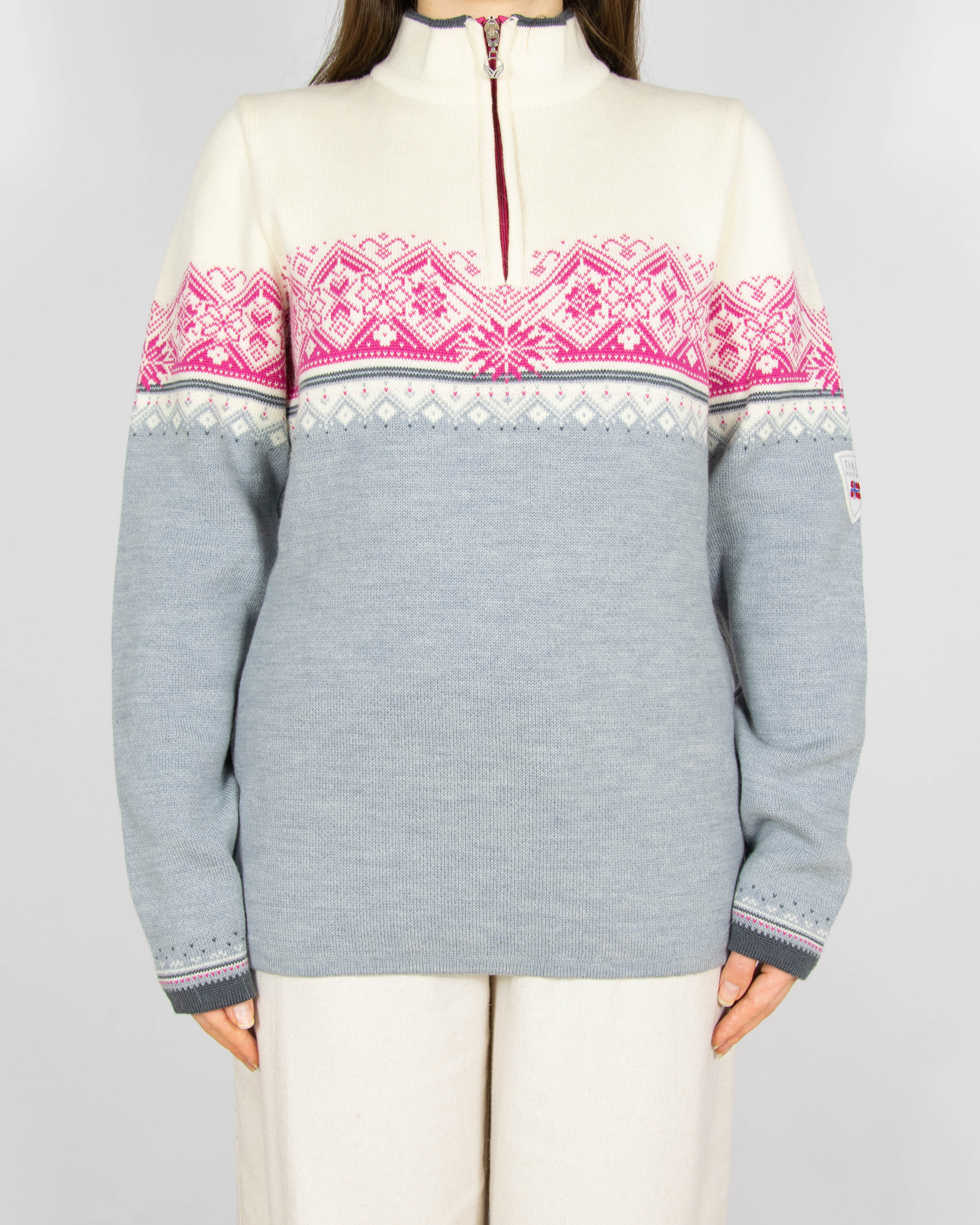 Kremowo szaro różowy wełniany (merino) zapinany sweter Dale of Norway - L