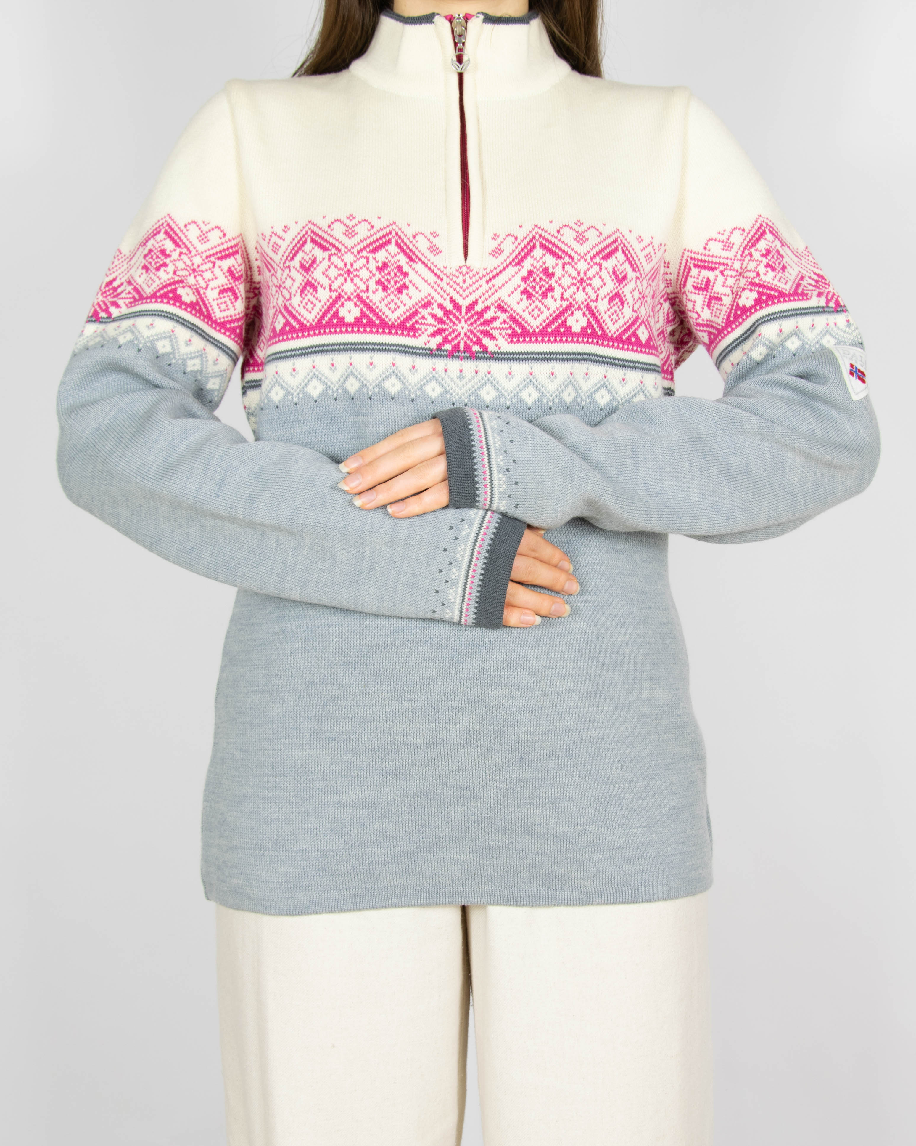 Kremowo szaro różowy wełniany (merino) zapinany sweter Dale of Norway - L