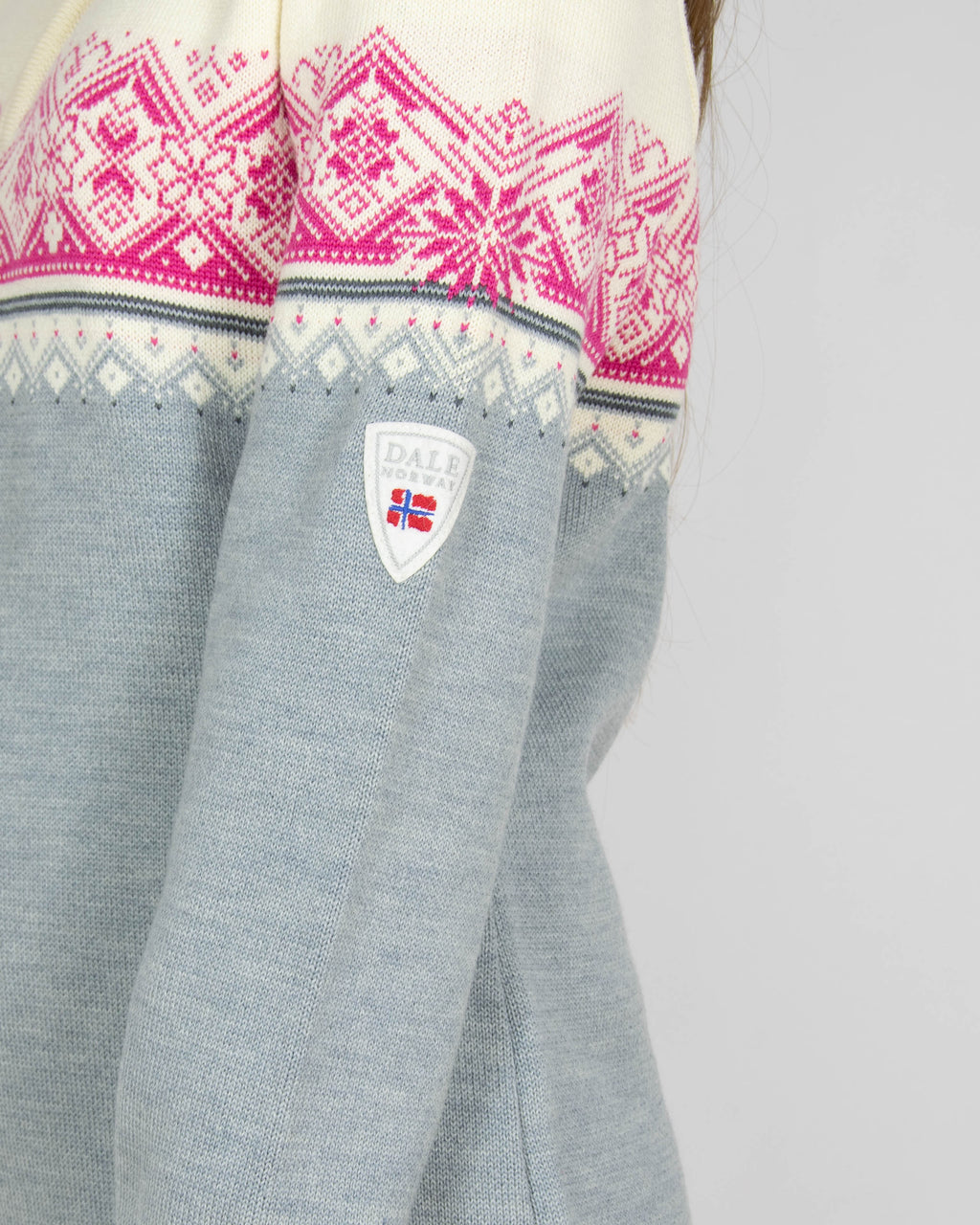 Kremowo szaro różowy wełniany (merino) zapinany sweter Dale of Norway - L