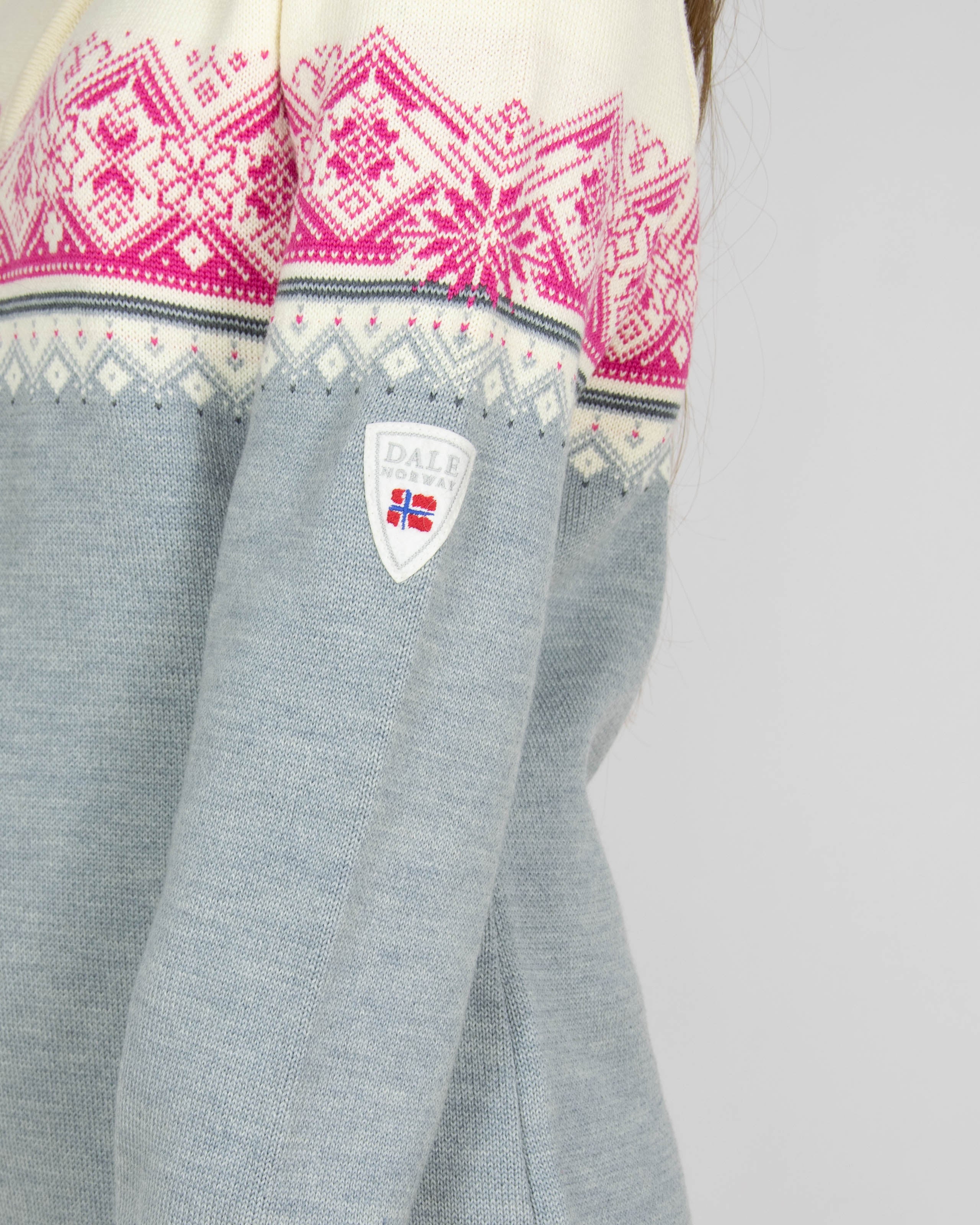 Kremowo szaro różowy wełniany (merino) zapinany sweter Dale of Norway - L