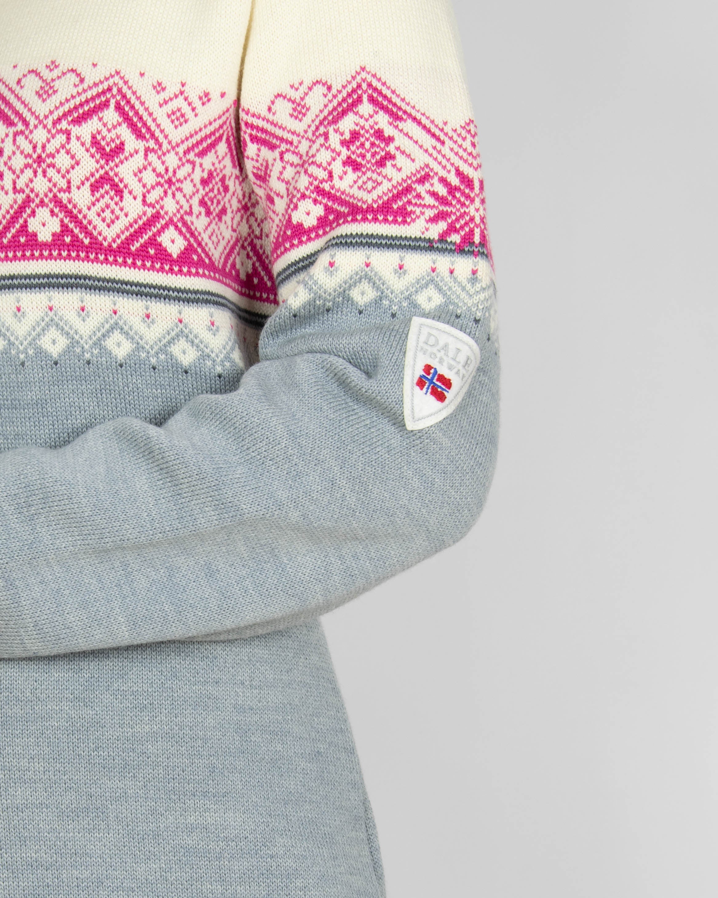 Kremowo szaro różowy wełniany (merino) zapinany sweter Dale of Norway - L