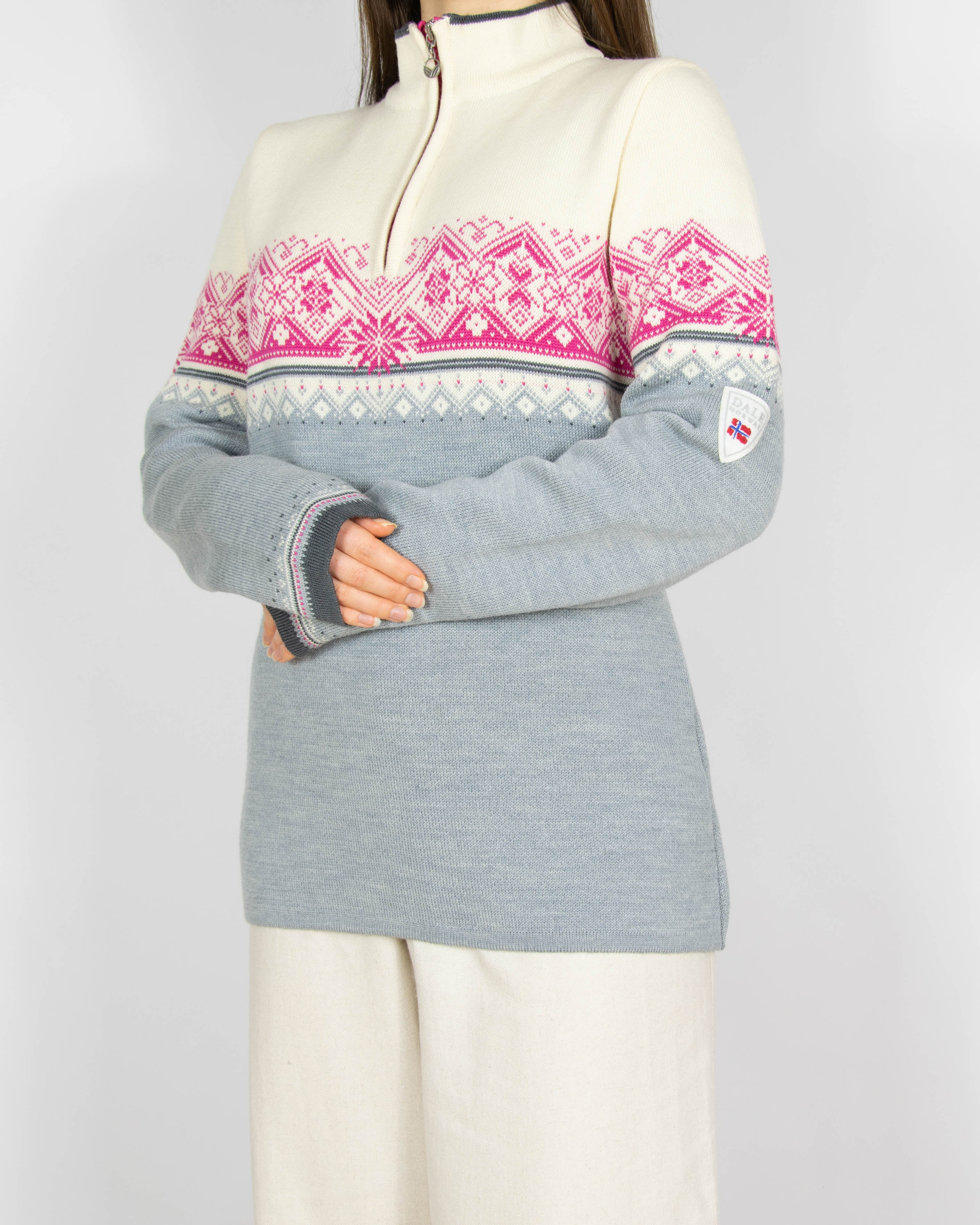 Kremowo szaro różowy wełniany (merino) zapinany sweter Dale of Norway - L