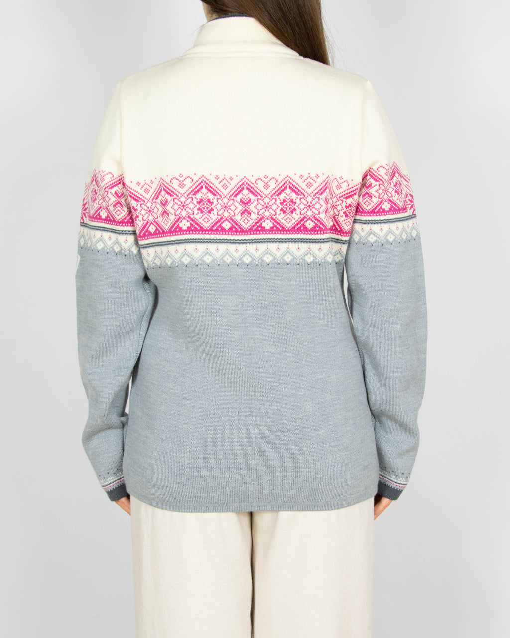 Kremowo szaro różowy wełniany (merino) zapinany sweter Dale of Norway - L
