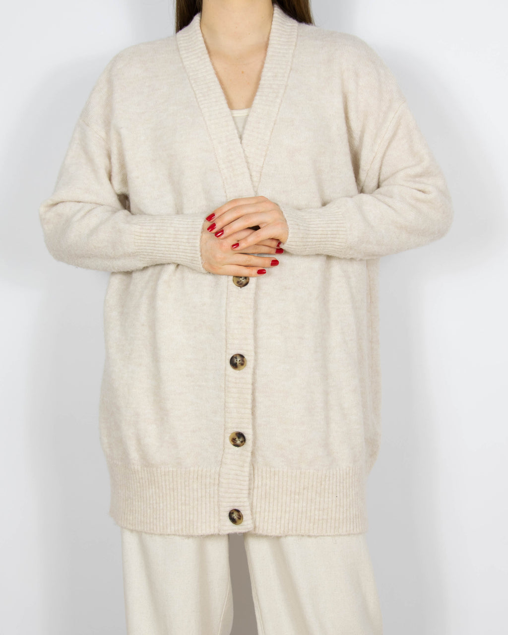 Kremowy wełniany (merino) długi kardigan Selected Femme - L