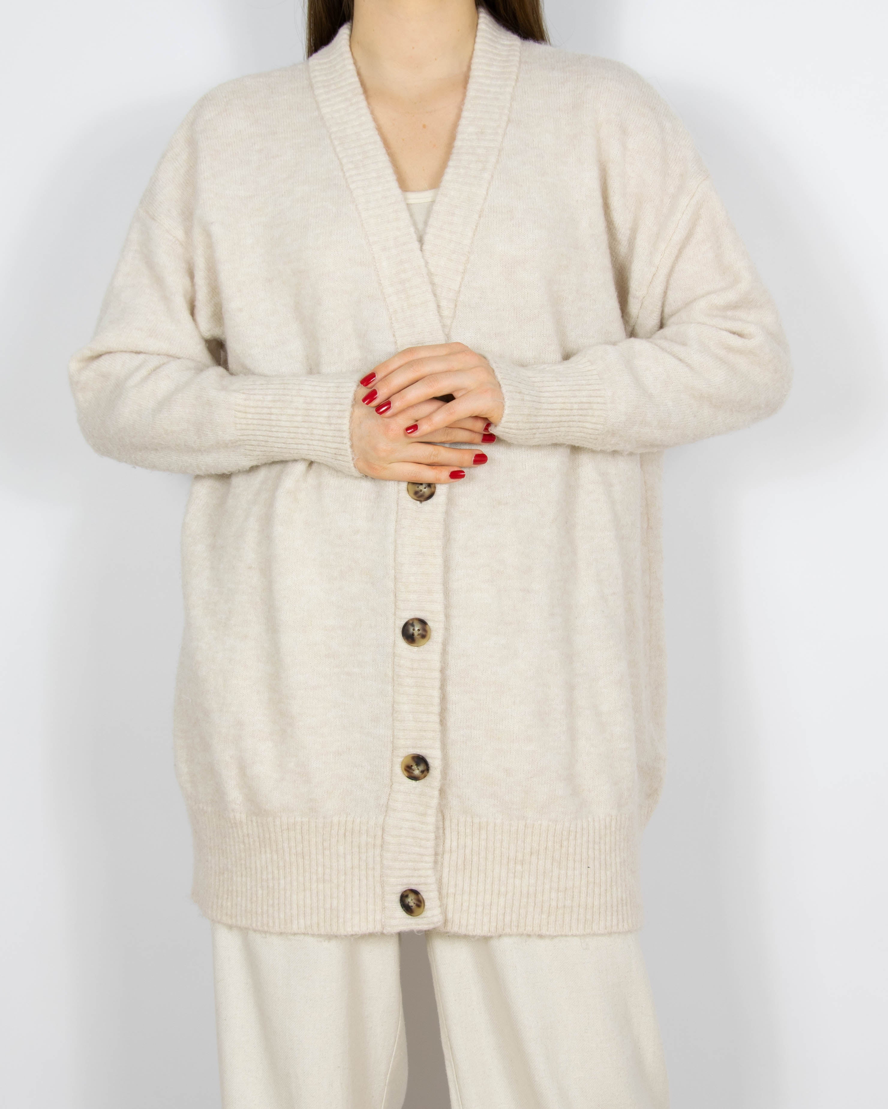 Kremowy wełniany (merino) długi kardigan Selected Femme - L