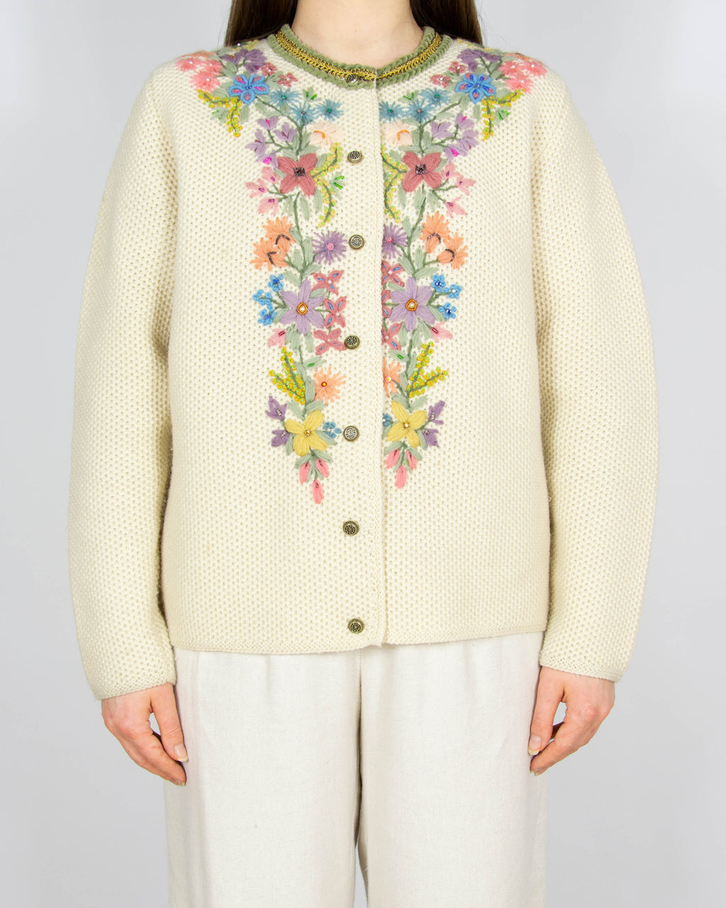 Kremowy wełniany kardigan haftowane kwiaty Handmade vintage - S/M