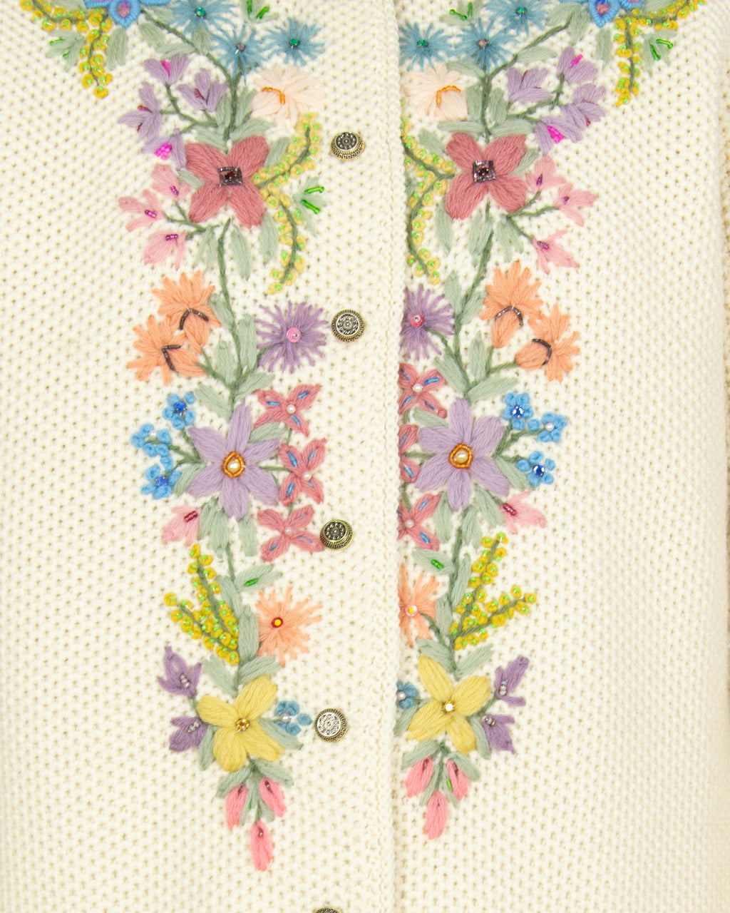 Kremowy wełniany kardigan haftowane kwiaty Handmade vintage - S/M