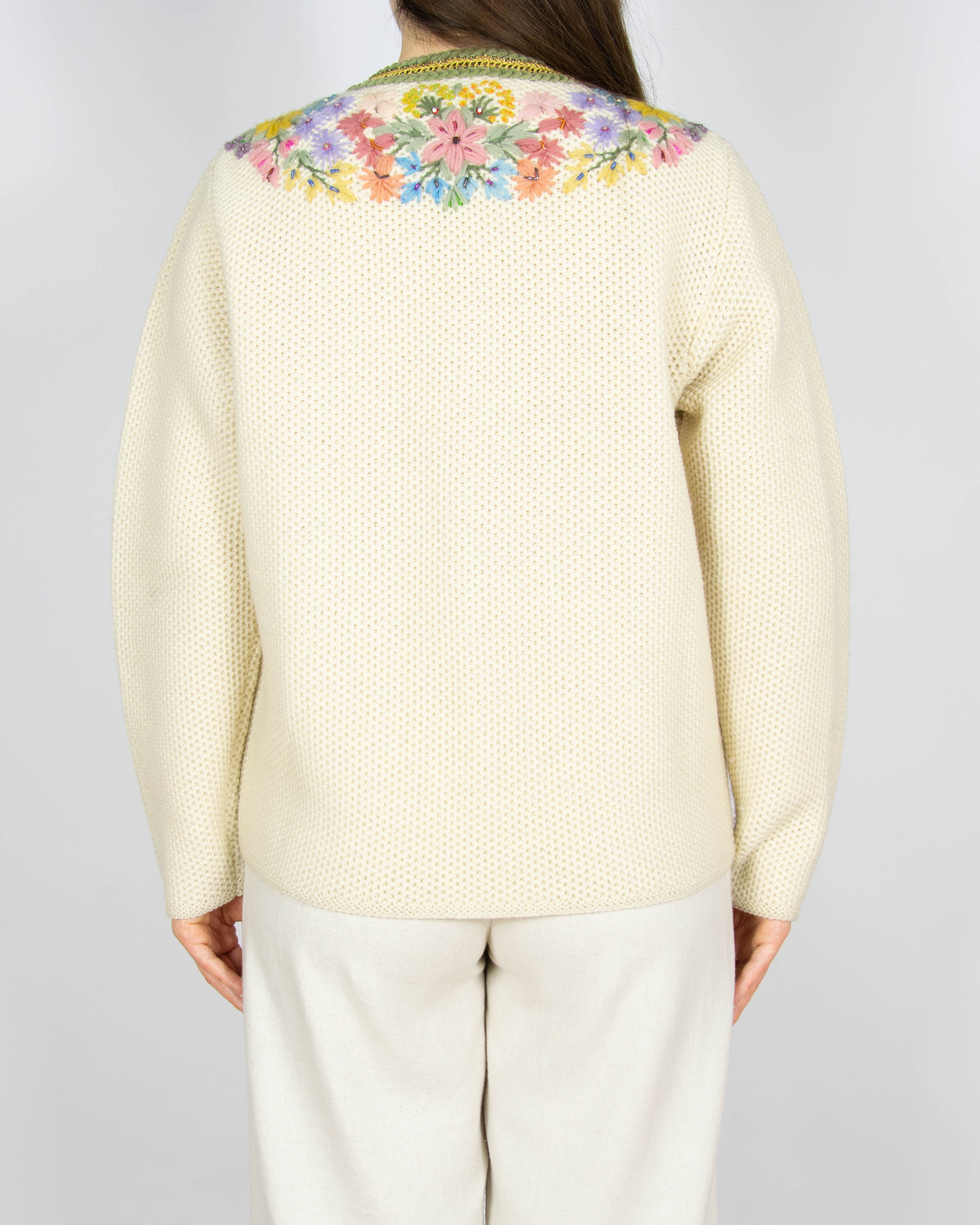 Kremowy wełniany kardigan haftowane kwiaty Handmade vintage - S/M