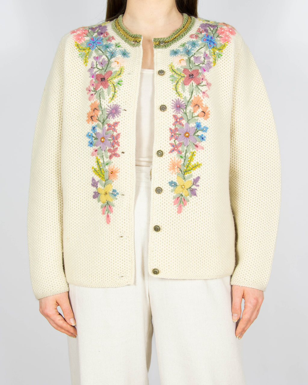 Kremowy wełniany kardigan haftowane kwiaty Handmade vintage - S/M