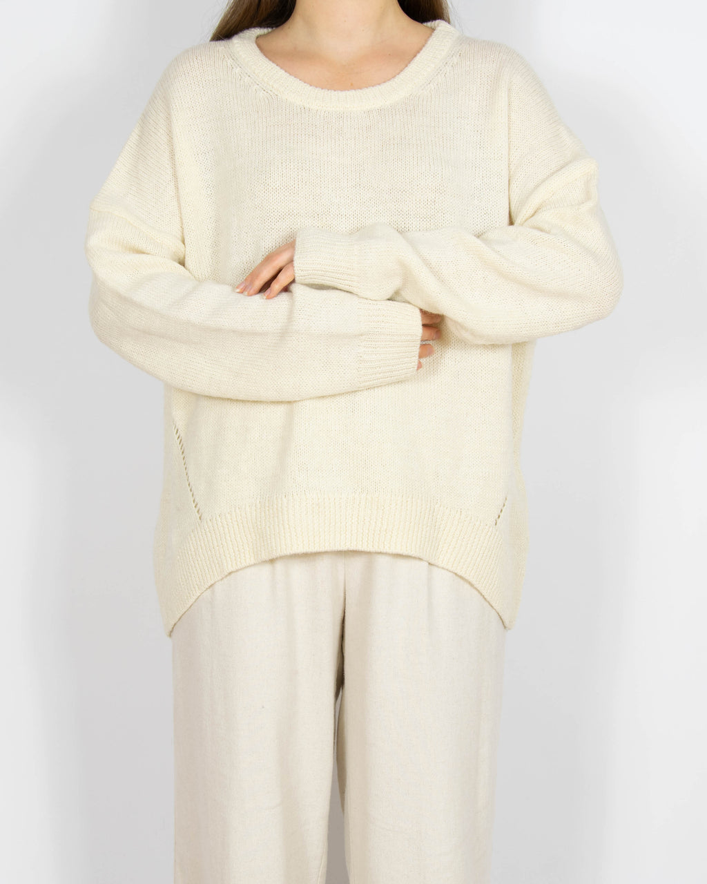 Kremowy wełniany (wełna + alpaka) sweter z lnem FWSS - M/L