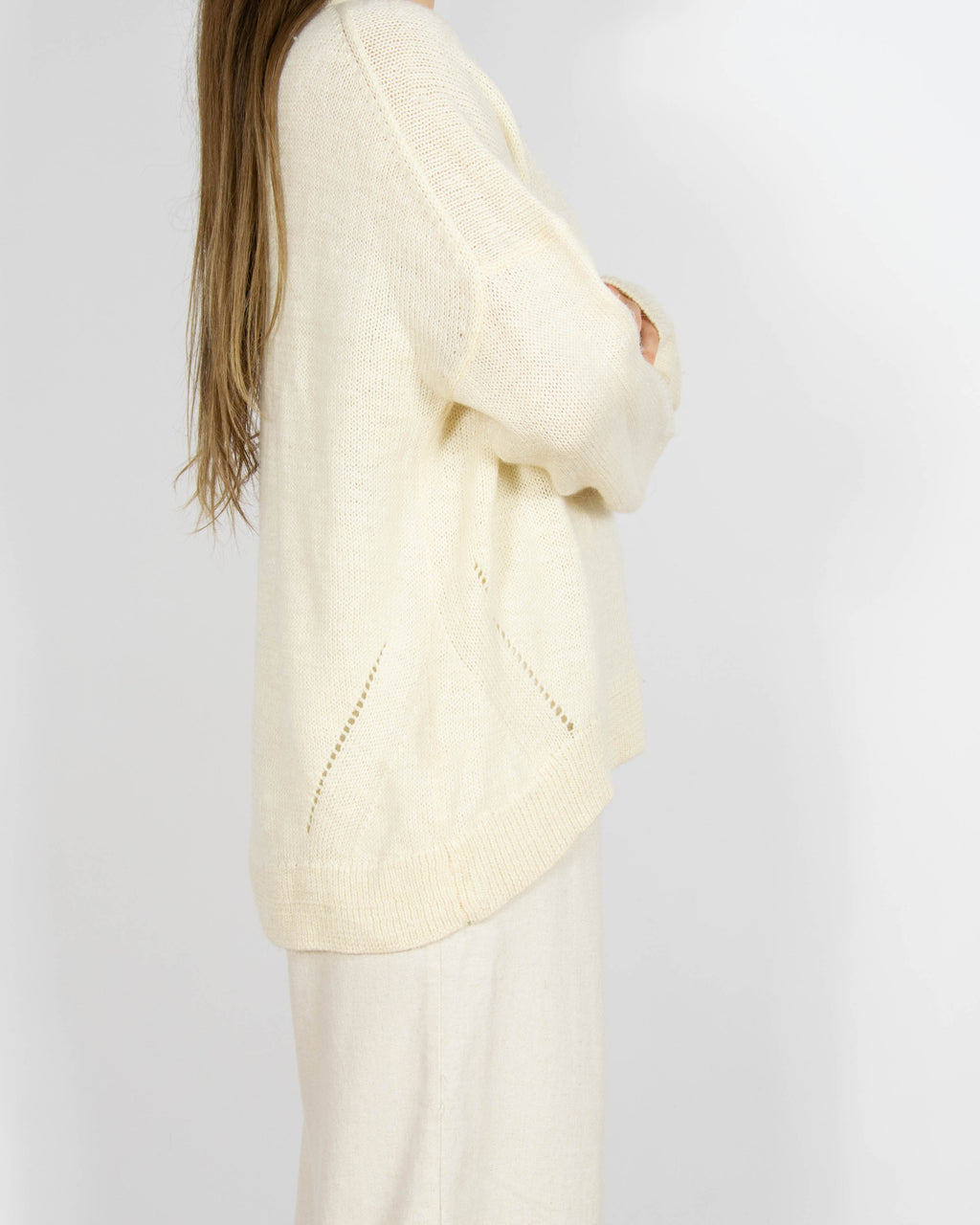 Kremowy wełniany (wełna + alpaka) sweter z lnem FWSS - M/L