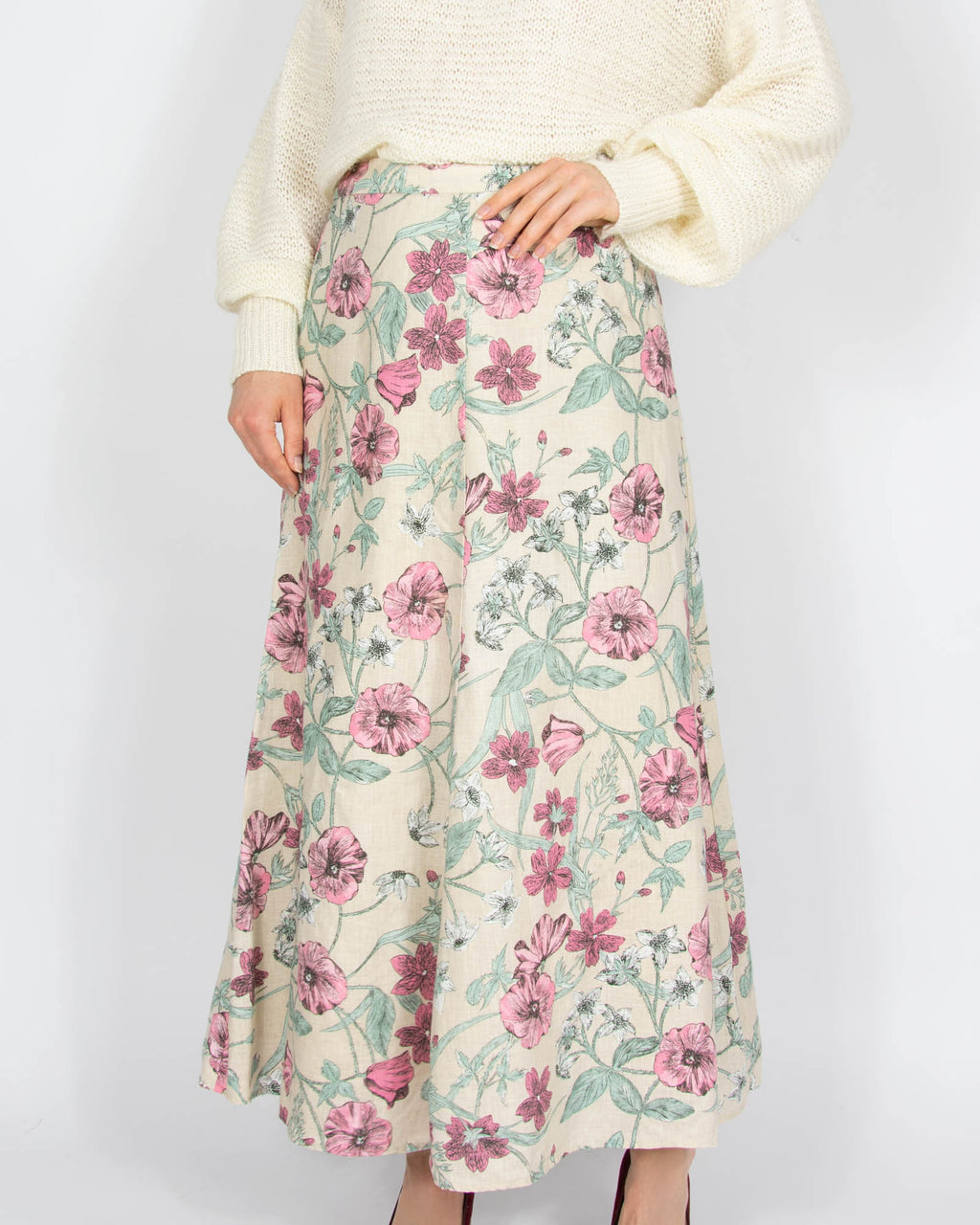 Beżowa lniana spódnica w kwiaty Laura Ashley - S/M
