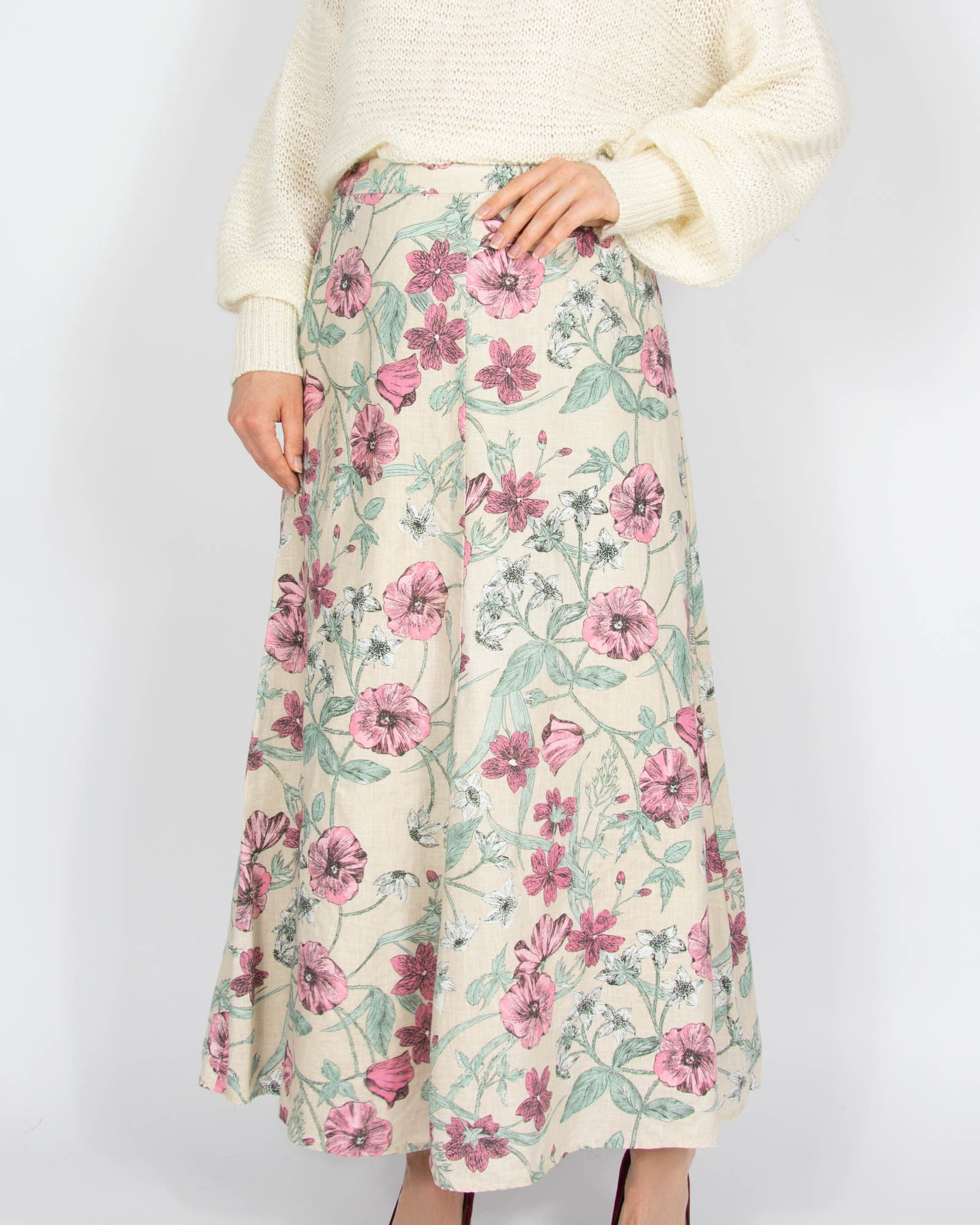 Beżowa lniana spódnica w kwiaty Laura Ashley - S/M