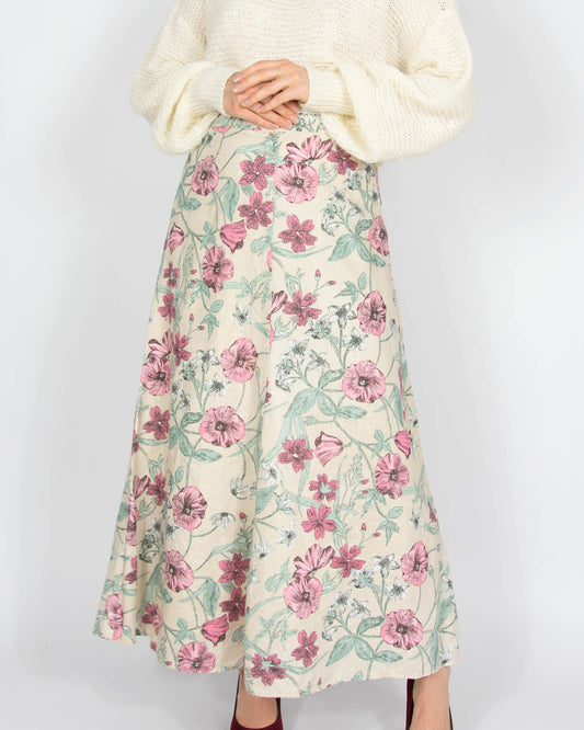 Beżowa lniana spódnica w kwiaty Laura Ashley