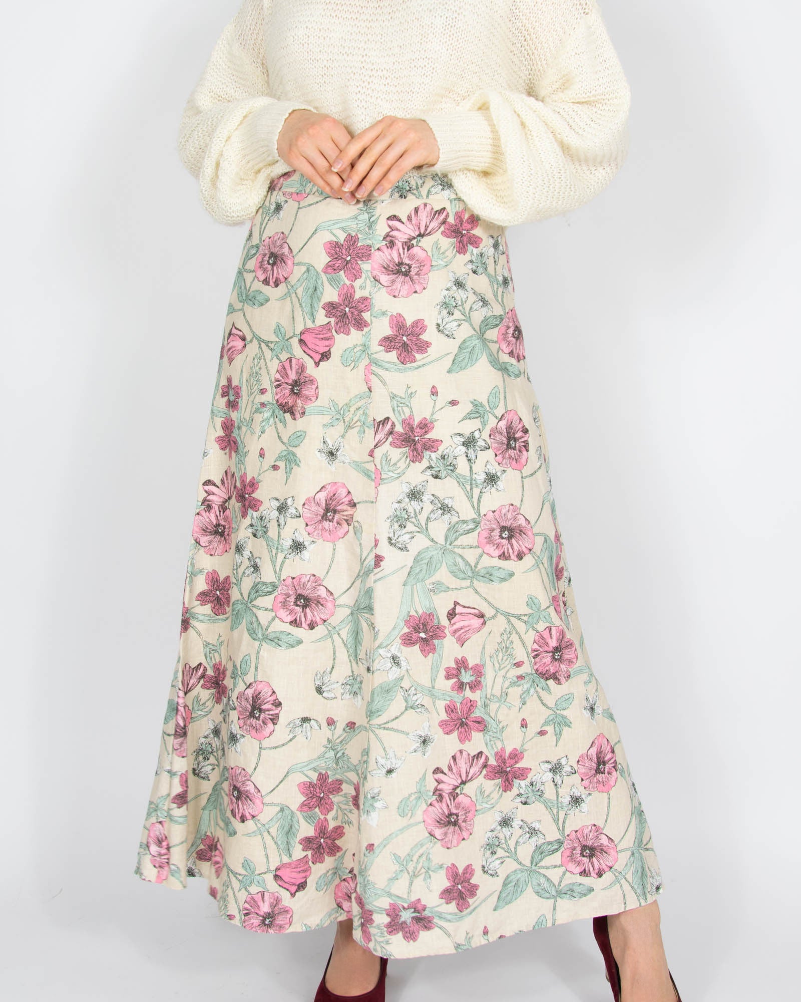 Beżowa lniana spódnica w kwiaty Laura Ashley - S/M