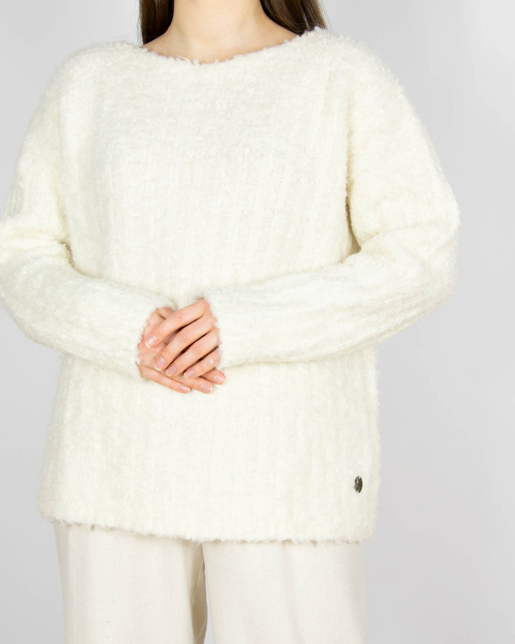 Śmietankowy wełniany boucle (wełna + moher) sweter - L