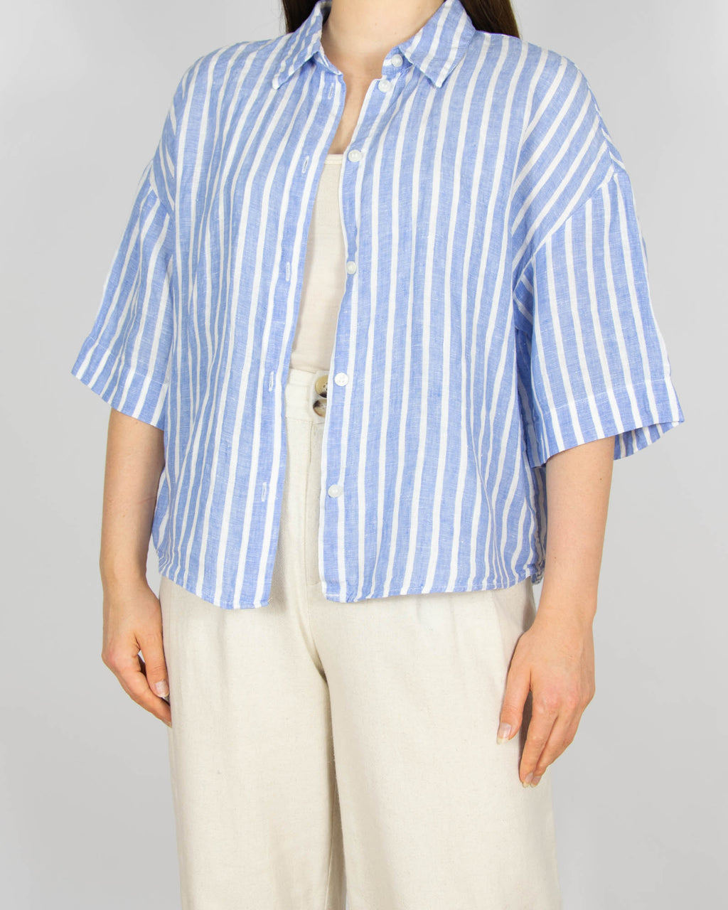 Niebiesko biała lniana koszula w paski H&M