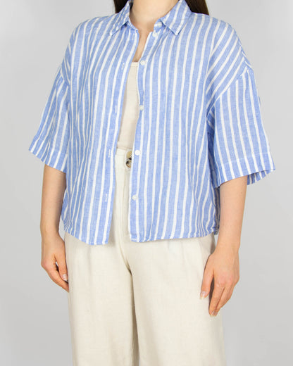 Niebiesko biała lniana koszula w paski H&M
