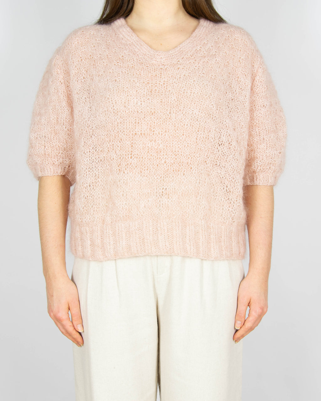 Pudrowy różowy moherowy sweter z krótkim rękawem Handmade - S/M