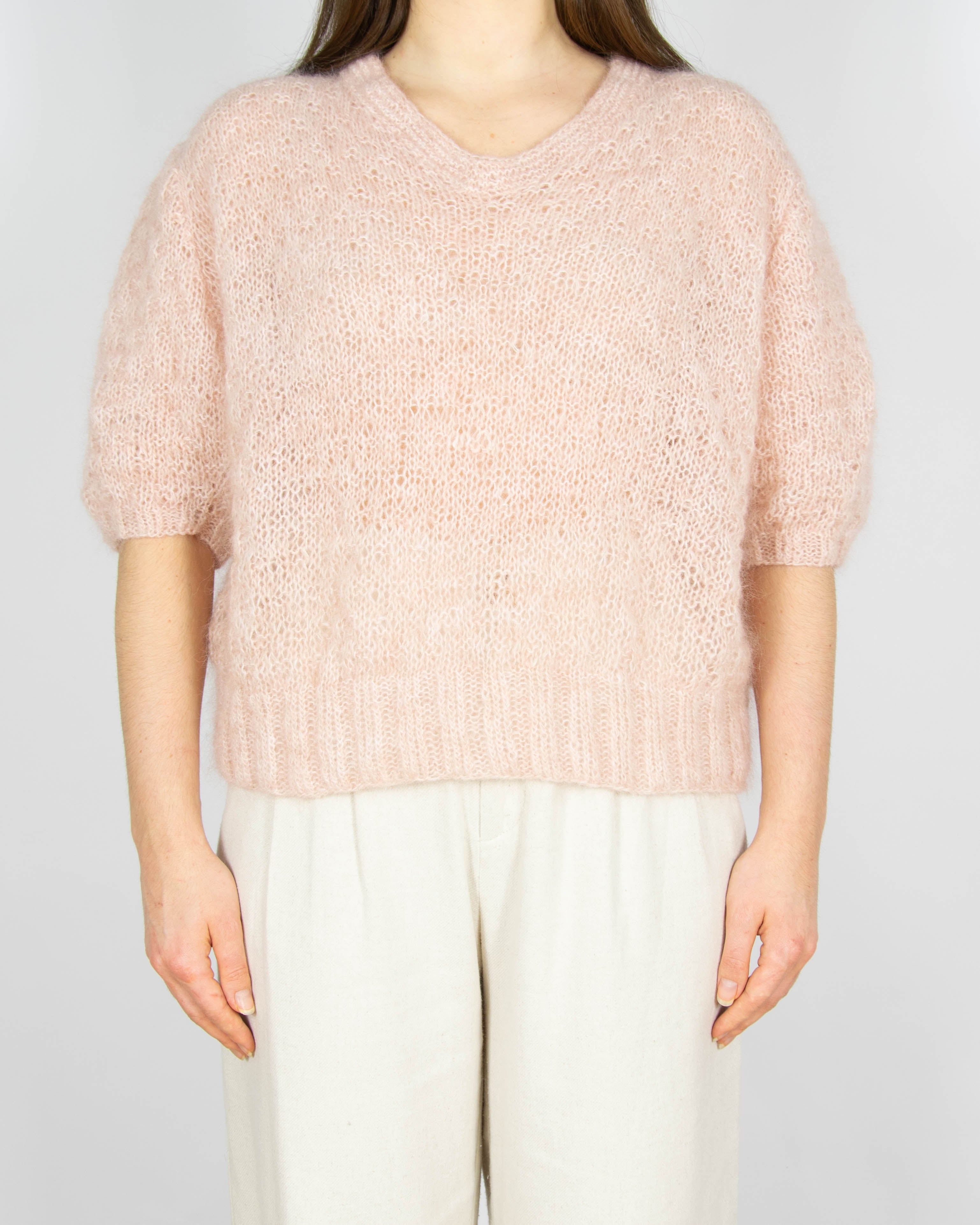 Pudrowy różowy moherowy sweter z krótkim rękawem Handmade - S/M