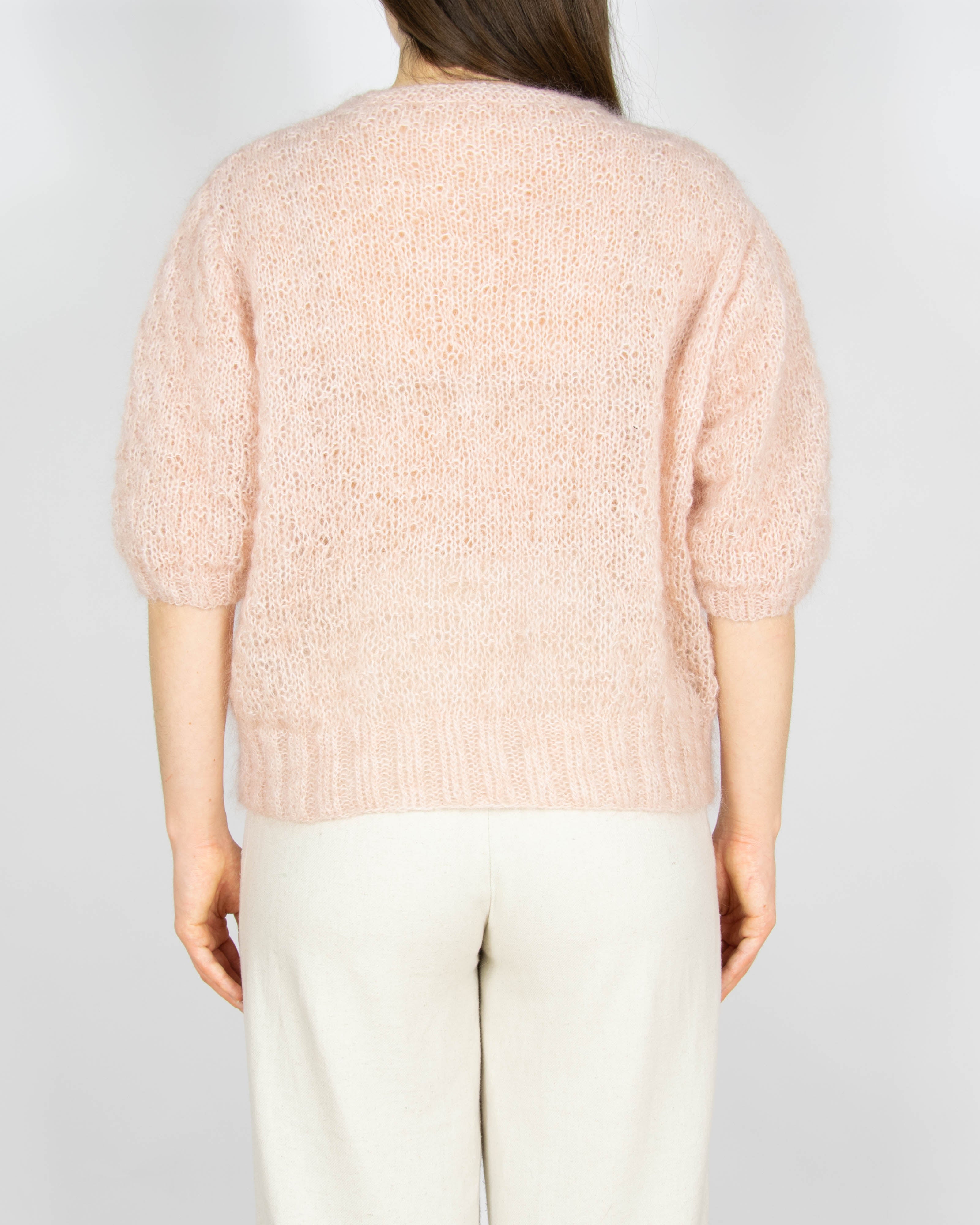Pudrowy różowy moherowy sweter z krótkim rękawem Handmade - S/M