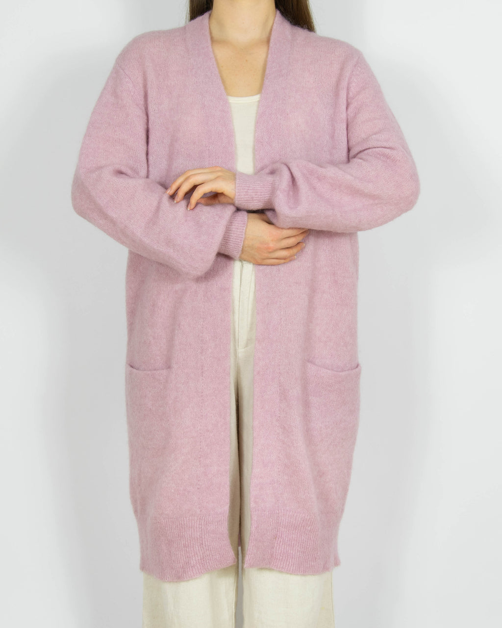 Pastelowy różowy wełniany (wełna + moher) kardigan Donna - M/L