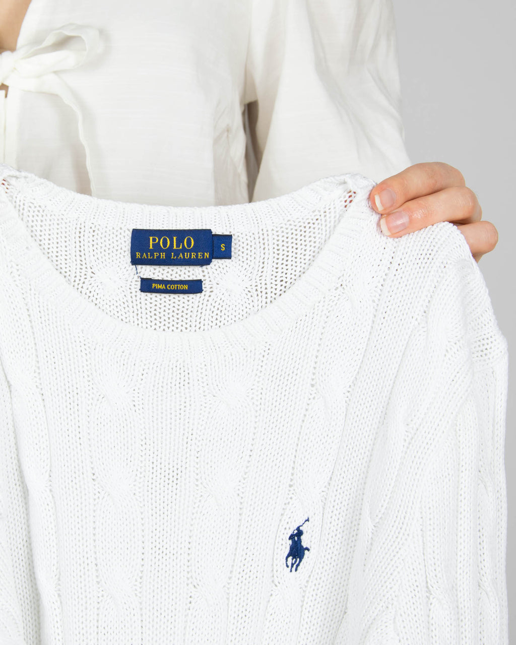Biały bawełniany (pima) sweter warkoczowy Ralph Lauren - S