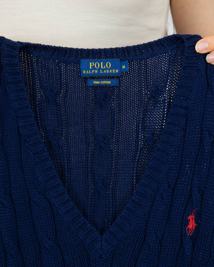 Granatowy bawełniany (pima) sweter warkoczowy Ralph Lauren - M