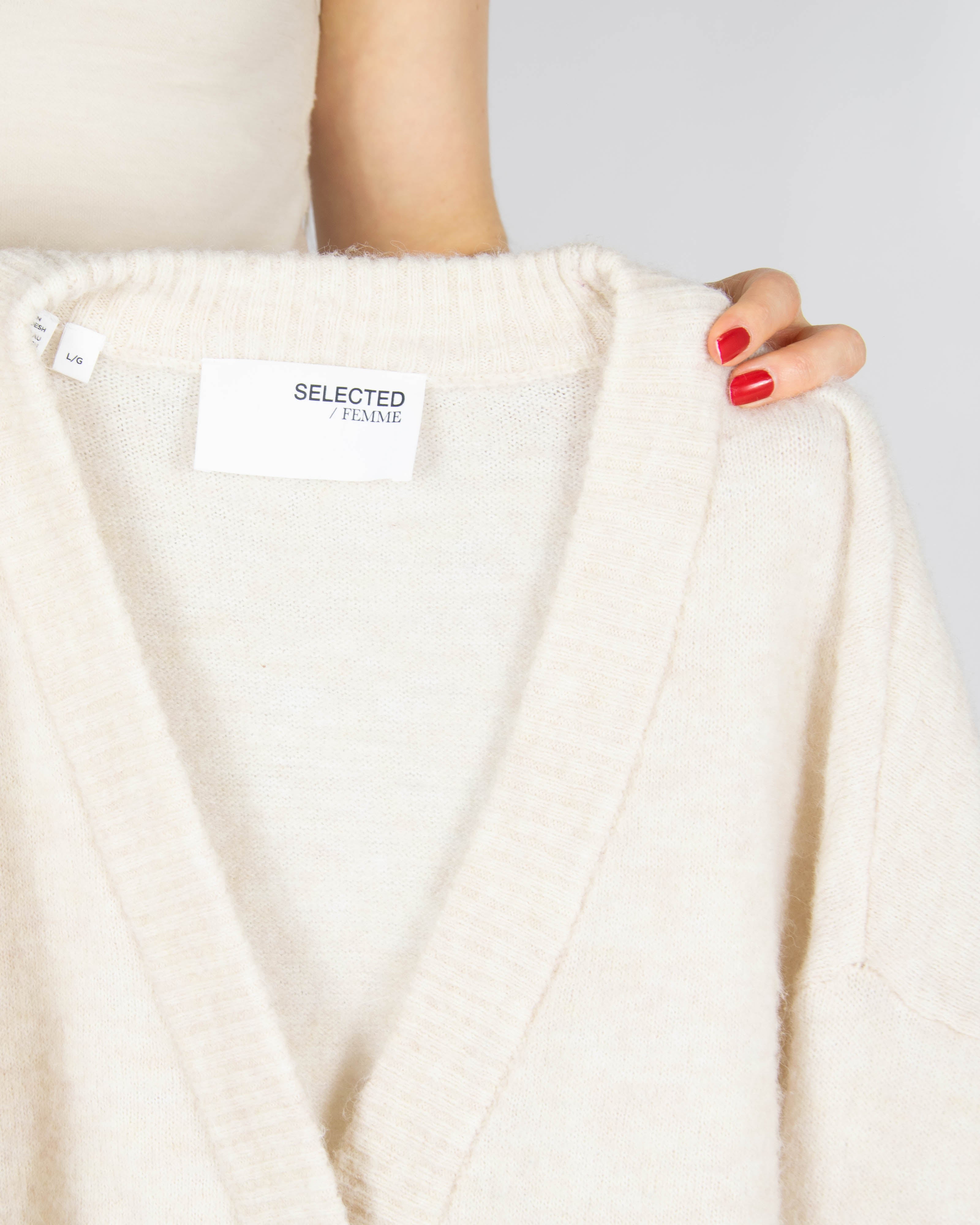 Kremowy wełniany (merino) długi kardigan Selected Femme - L